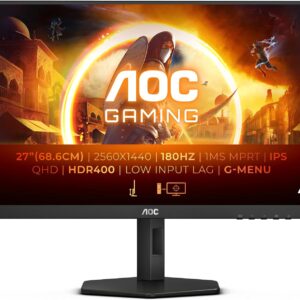 AOC Gaming Q27G4XD - 27 Inch Quad HD Monitor, 180 Hz, 1 ms, FreeSync. Prem., G-Sync comp., HDR400 (2560x1440, 2X HDMI 2.0, 1x DisplyPort 1.4, USB Hub) Black